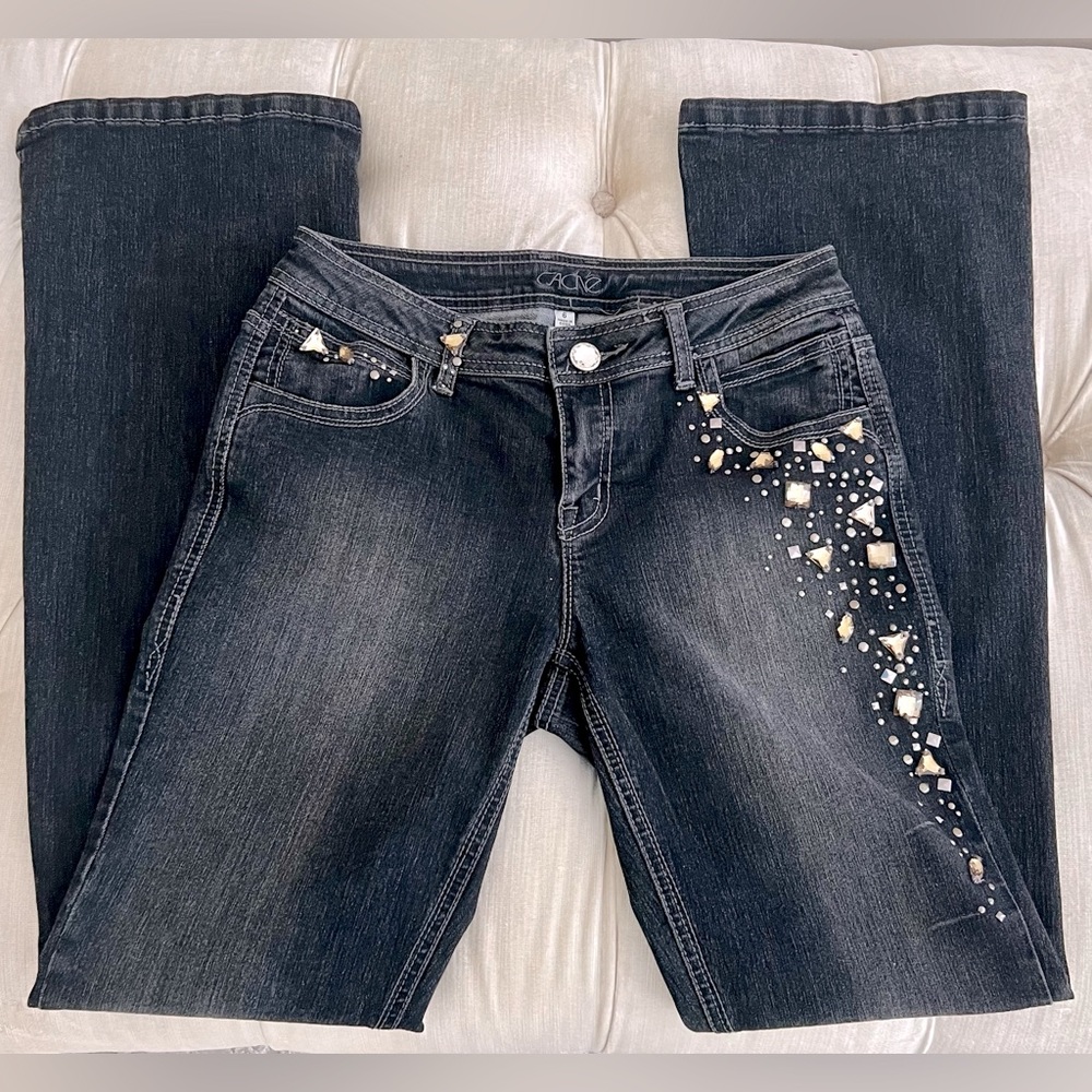 Spectacular Vintage Cache Premium Dark Distressed Bejeweled Bootleg Jeans